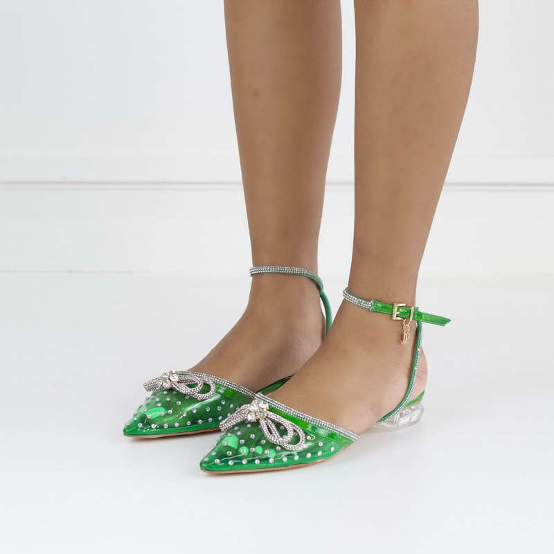Alyona 2cm heel bling bow strap perspex flat green
