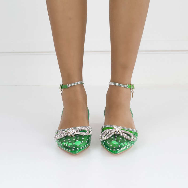 Alyona 2cm heel bling bow strap perspex flat green