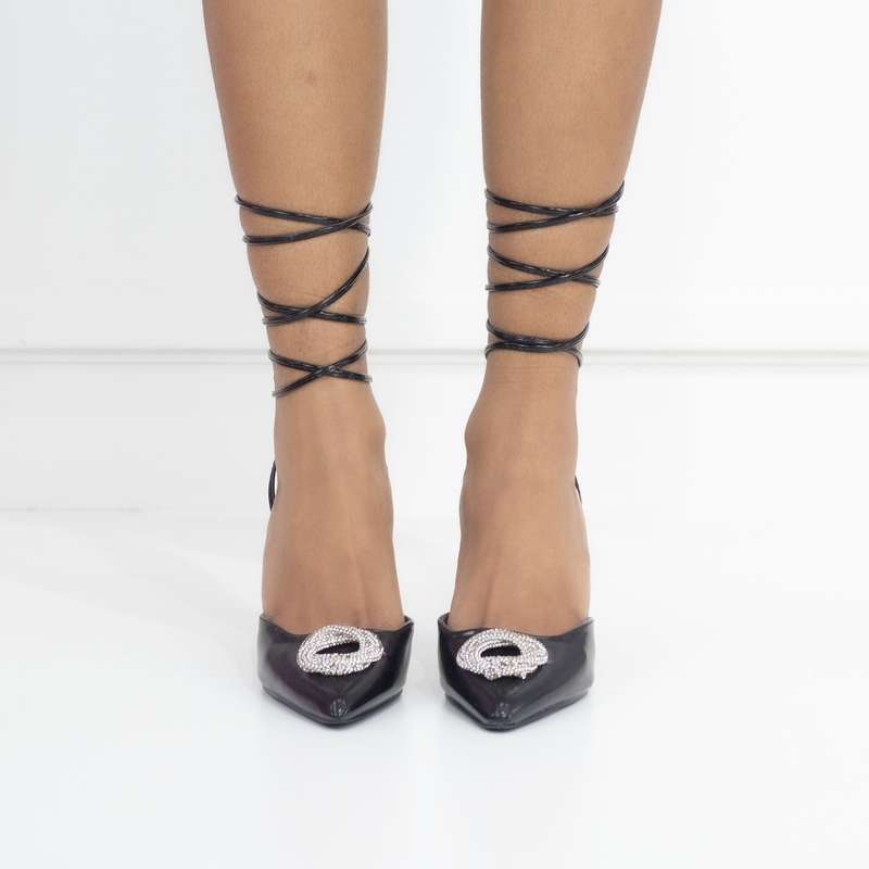 Cupid tie up pointy heel with a round diamond trim black