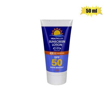 Health Glow Sunscreen Lotion SPF50 50ml tube Heat & Sun Protection Water Resistant