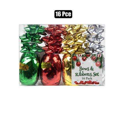 16 Piece Christmas Ribbon and Bow Set for Gift Wrapping, Self Adhesive Gift Bows, Assortment Colo...