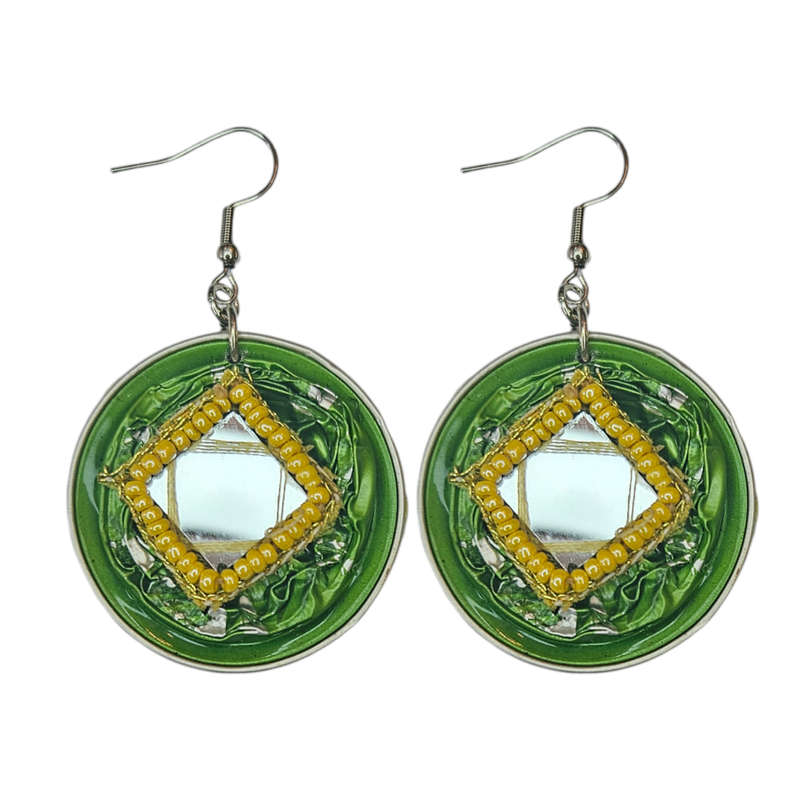 Handmade Ethnic Earrings Made from Recycled Nespresso Pods - Green with Mirror detail and Yellow ...