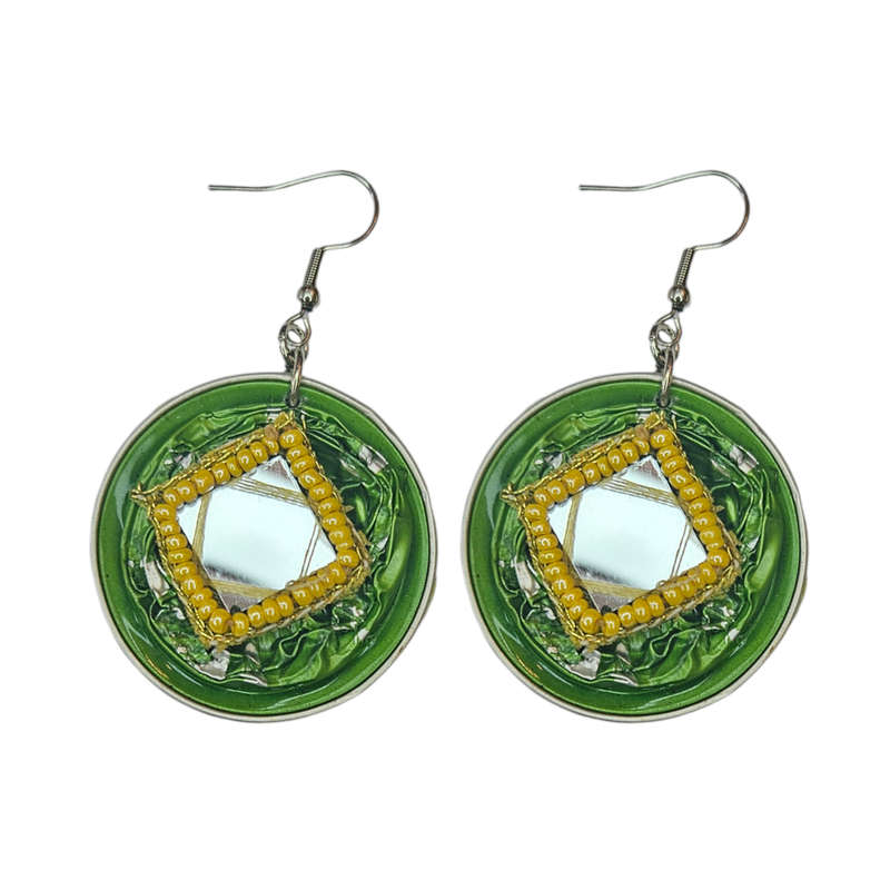 Handmade Ethnic Earrings Made from Recycled Nespresso Pods - Green with Mirror detail and Yellow ...