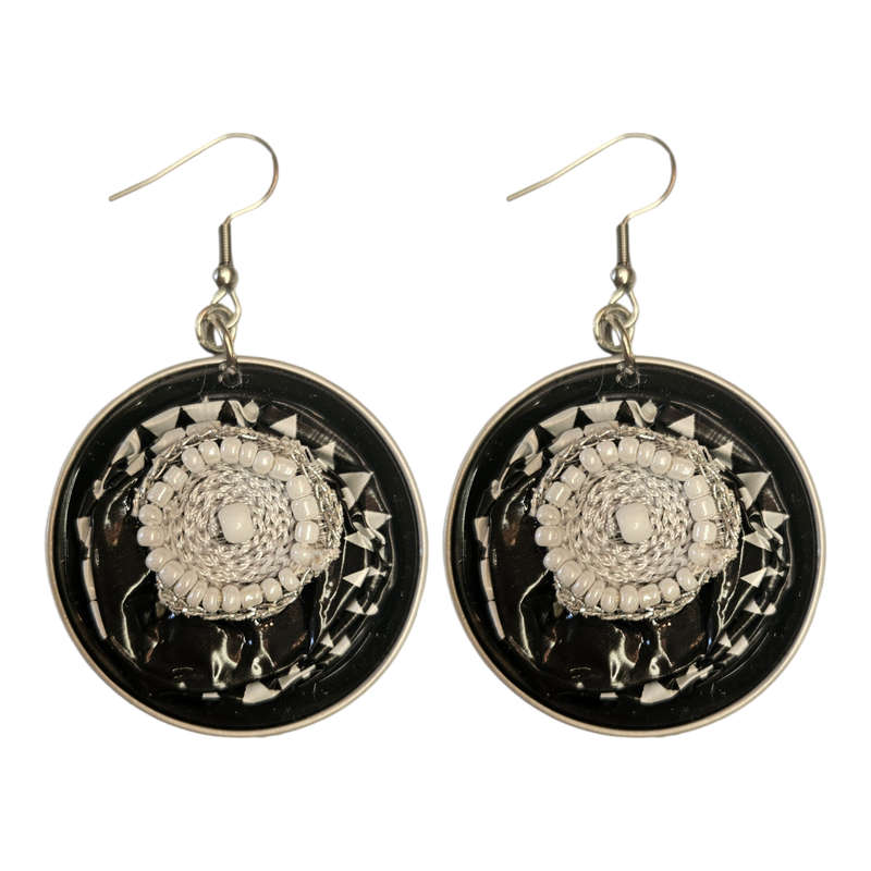 Handmade Ethnic Earrings Made from Recycled Nespresso Pods - Black & White Beaded Detail