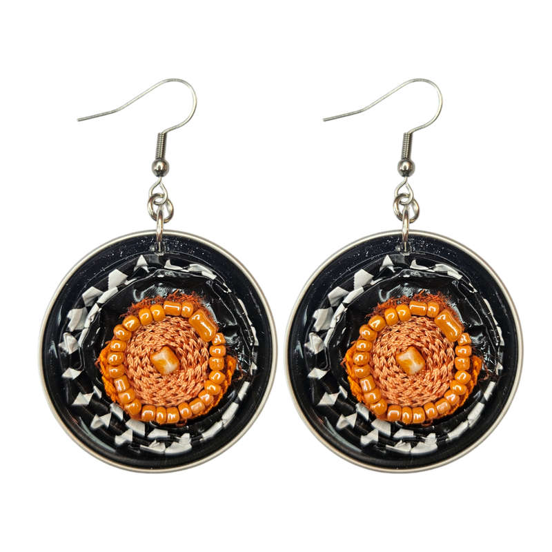 Handmade Ethnic Earrings Made from Recycled Nespresso Pods - Black & White and Orange Beaded Detail