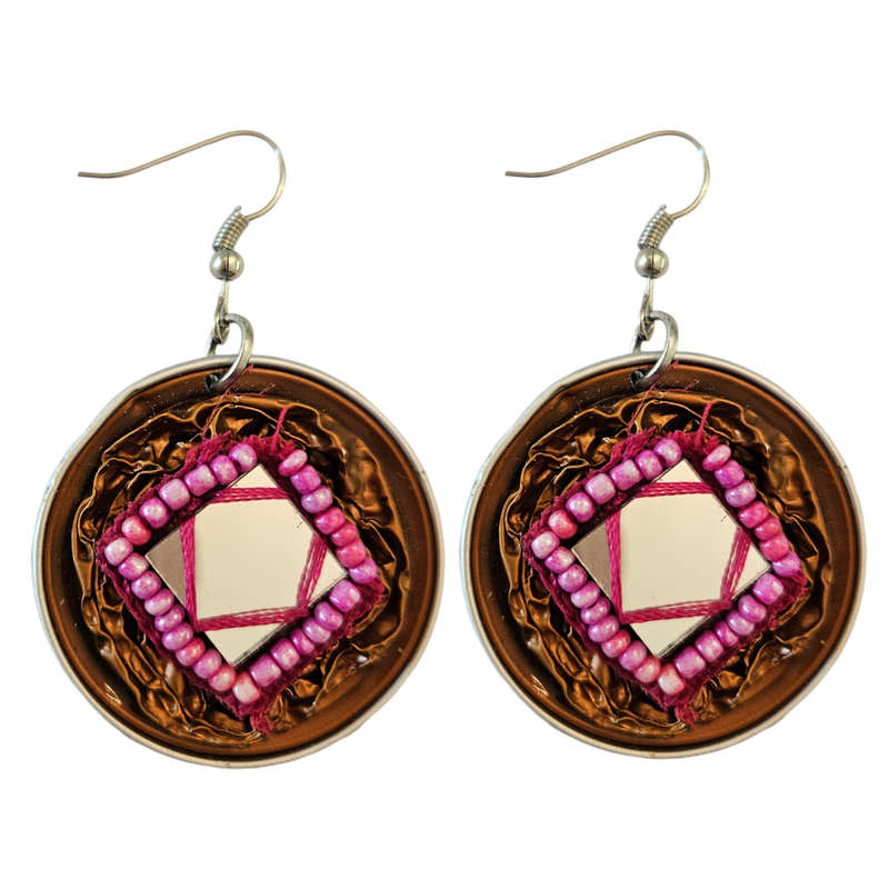 Handmade Ethnic Earrings Made from Recycled Nespresso Pods - Rust and Pink Beaded Detail