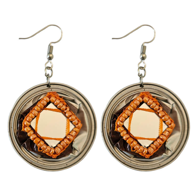 Handmade Ethnic Earrings Made from Recycled Nespresso Pods - Silver with mirror detail and Orange...