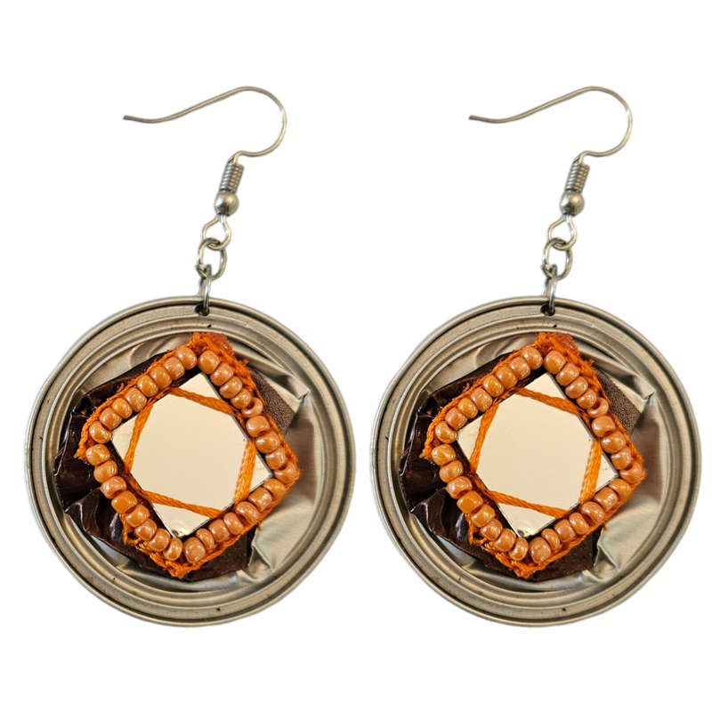 Handmade Ethnic Earrings Made from Recycled Nespresso Pods - Silver with mirror detail and Orange...