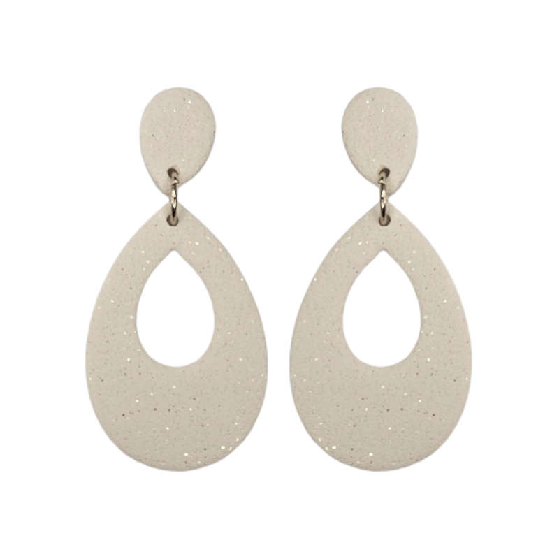 Teardrop Styled Earrings with Double Dangle and cutout, Stud Finish White 50mm x 5mm