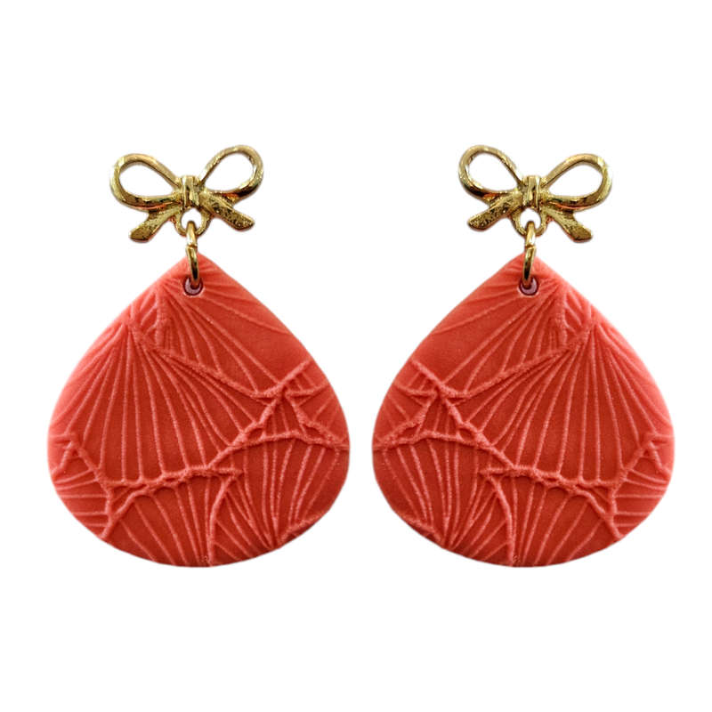 Textured teardrop Styled Earrings with Gold Bow Finish Orange 30mm x 30 mm