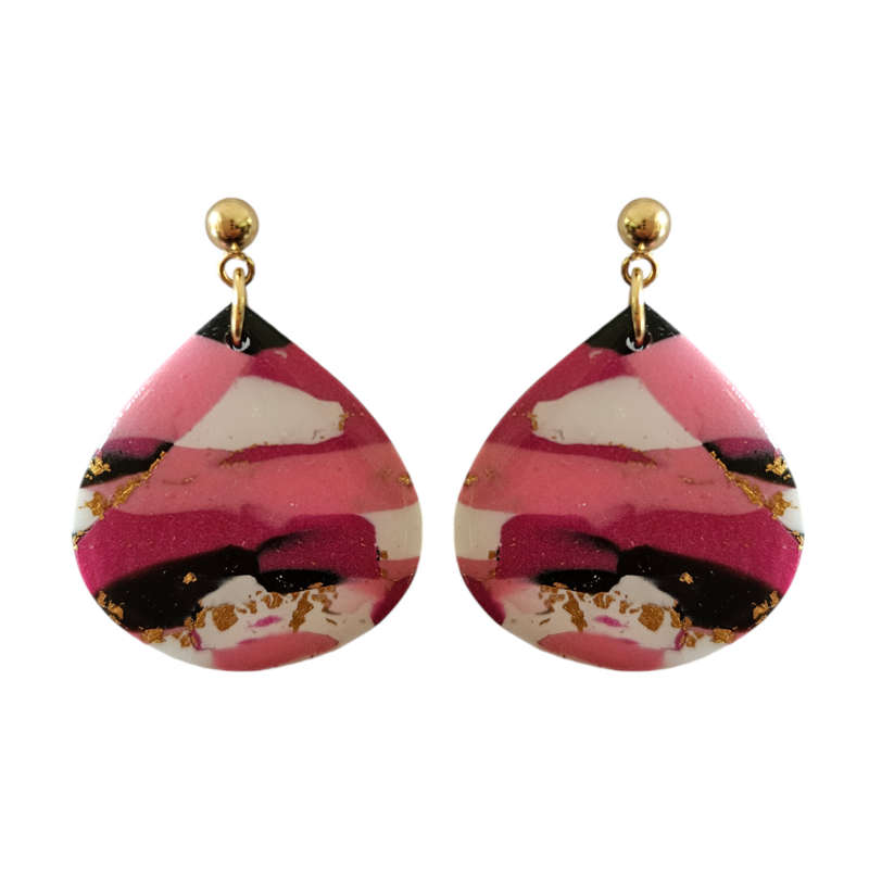 Teardrop Styled Earrings with Gold Stud and Resin Finish Pink, Black & White with Gold Leaf 30mm ...