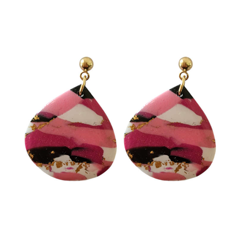 Teardrop Styled Earrings with Gold Stud and Resin Finish Pink, Black & White with Gold Leaf 30mm ...