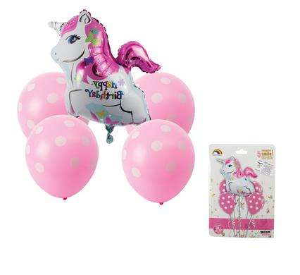 Unicorn Happy Birthday 5pc Balloon Bouquet Set with 4pc Pink Polka Dot Balloons