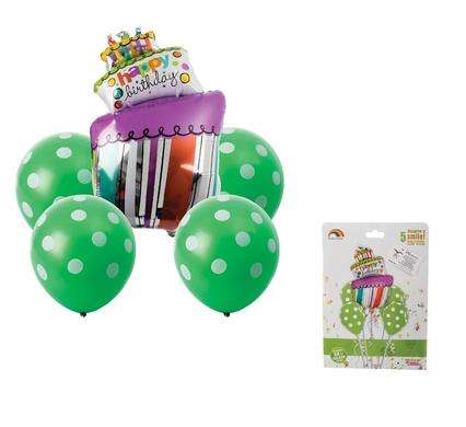 Happy Birthday Five Balloon Bouquet Set, 1 Crown Balloon with 4 Green Polka Dot Balloons