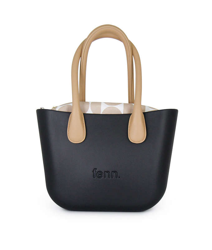Fenn Petite  Black  Pattern Inner  Gold Zip  Light Tan Round Handle