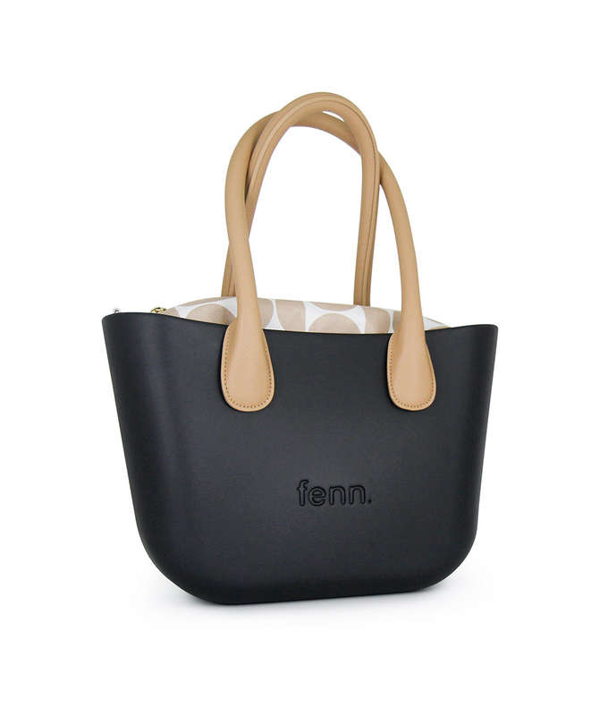 Fenn Petite  Black  Pattern Inner  Gold Zip  Light Tan Round Handle