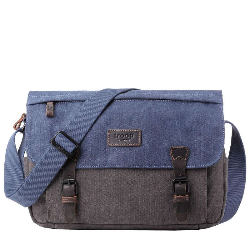 Troop London Heritage Waxed Canvas Messenger Bag, Blue Grey