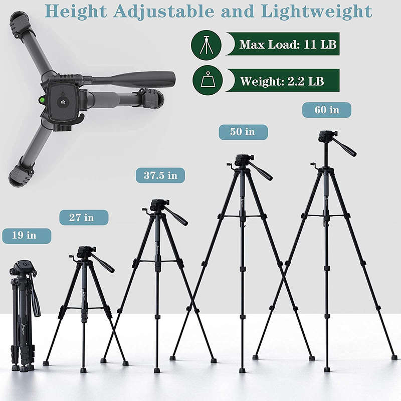 60` Camera Tripod for Canon Nikon, Kingjue (11 lb/5kg Load) Aluminum Tripod with Universal Phone Tab