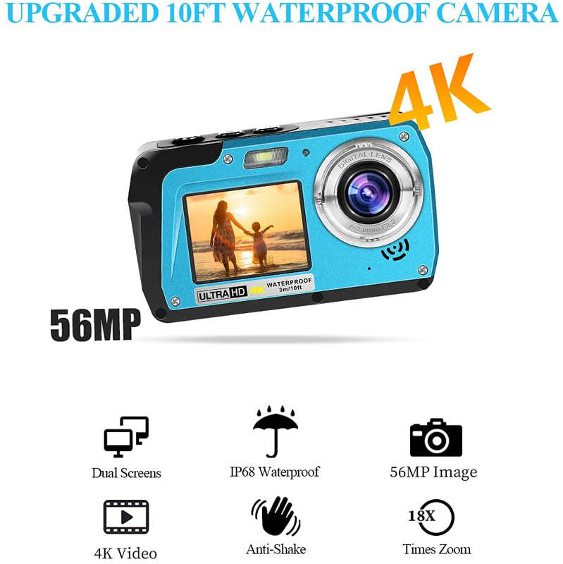 Waterproof Camera 4K Underwater Cameras 56 MP Waterproof Digital Camera Dual Screen TFT Displays Sel