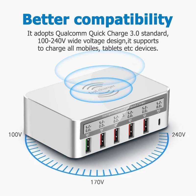 USB Fast Charger, Multi-Port 100W-6 Port USB Fast Charging Stationwith Quick Charge