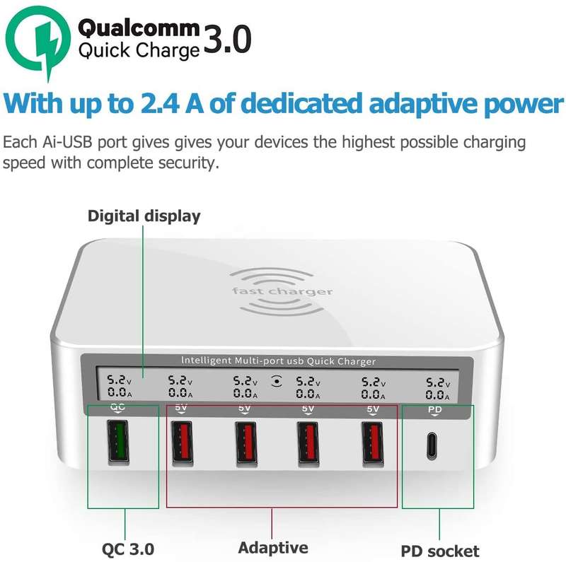 USB Fast Charger, Multi-Port 100W-6 Port USB Fast Charging Stationwith Quick Charge