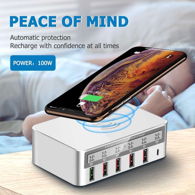 USB Fast Charger, Multi-Port 100W-6 Port USB Fast Charging Stationwith Quick Charge