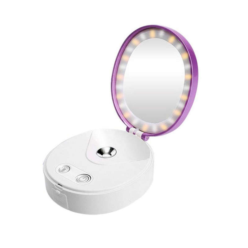 LuckyFine 4 In 1 Mini Nano-Mist Cold Sprayer Facial Humidifier With Makeup Mirror Light Power