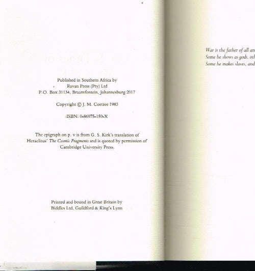 Life & Times of Michael K (1st edition 1983 Ravan press) - J M Coetzee