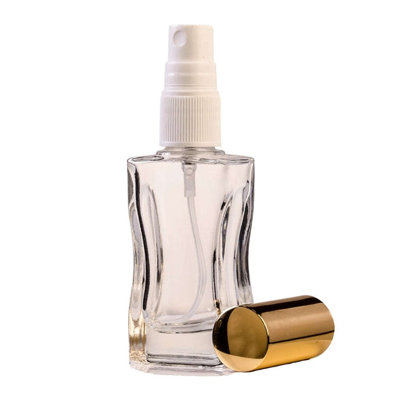 30ml Clear Glass Square Curved Perfume Bottle with White Spray & Gold Cap (18/410)