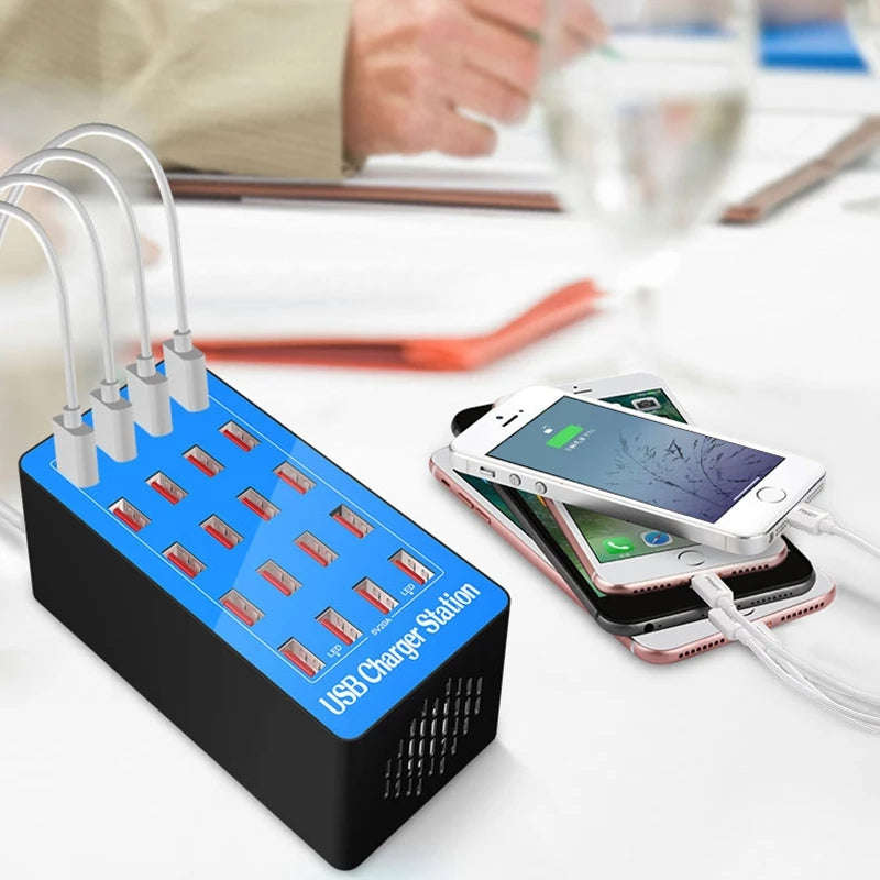 20-Port USB Hub Charger Power Adapter Wall Fast Charging Dock Station 100W Blue