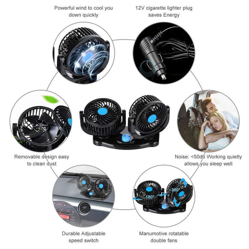 12V 360 Degree All-Round Adjustable Car Auto Air Cooling Dual Head Fan Low Noise Car Auto Cooler