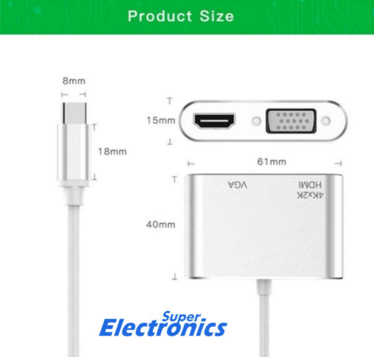 Type C male to HDMI and VGA female Adapter Cable