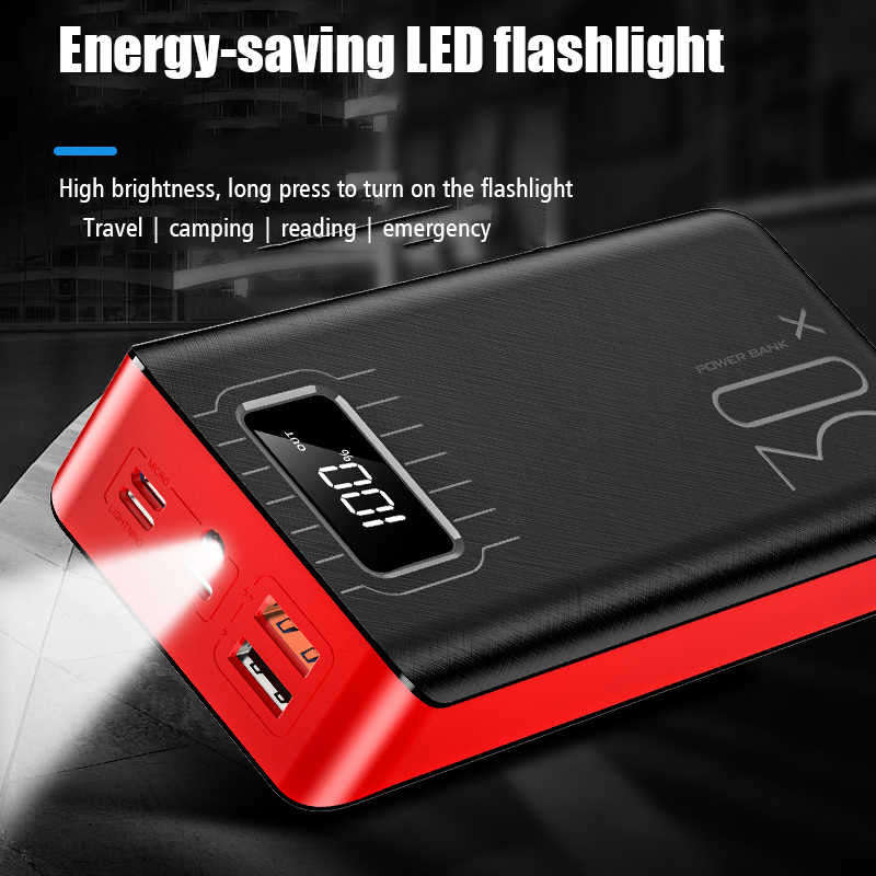 30000mAh Power Bank Type C Micro USB QC Fast Charging Powerbank with LED Digital Display - Red
