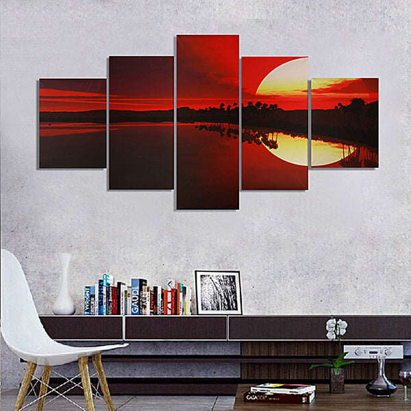 5 Panel Canvas Red Dusk Lakeside Painting Unframed