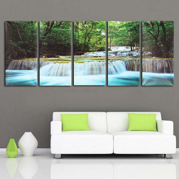 5 Panel Canvas Forest Waterfall Painting Unframed