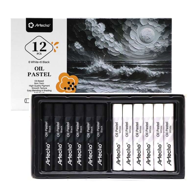 Artecho 12pc Oil Pastel Professional Range - 6 x Black & 6 x White