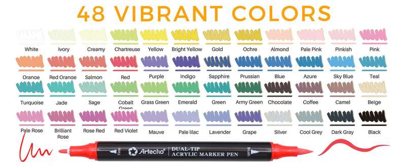 Artecho Double Tip Acrylic Marker Set of 48 Colours - 0.5-5mm Line Width