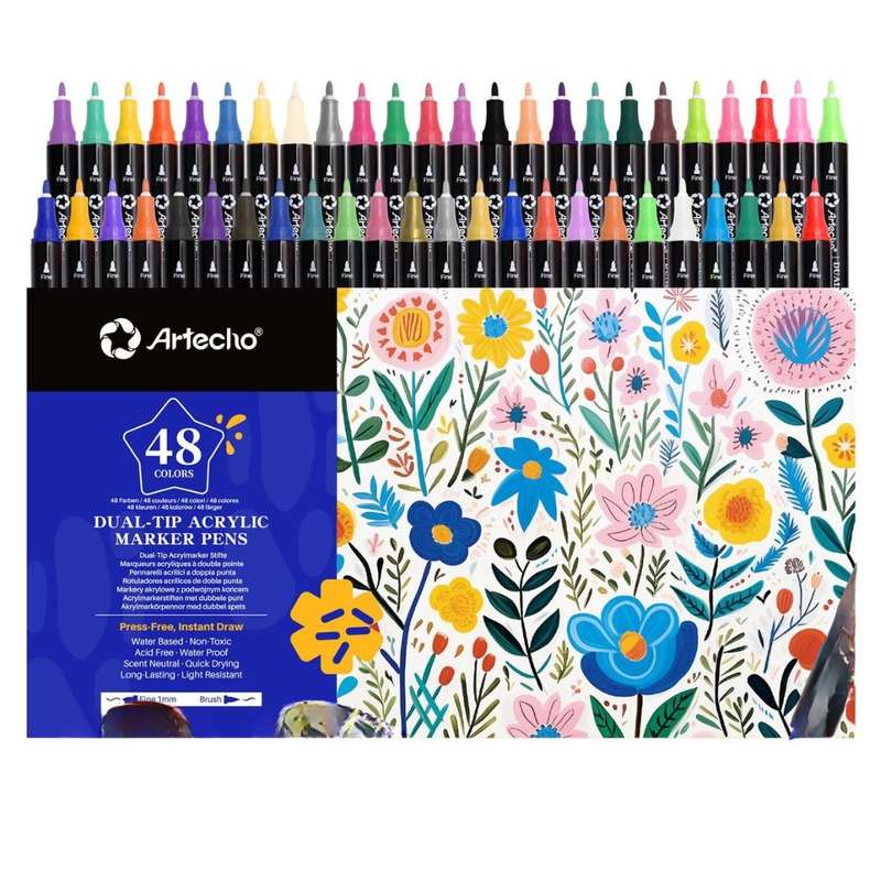 Artecho Double Tip Acrylic Marker Set of 48 Colours - 0.5-5mm Line Width