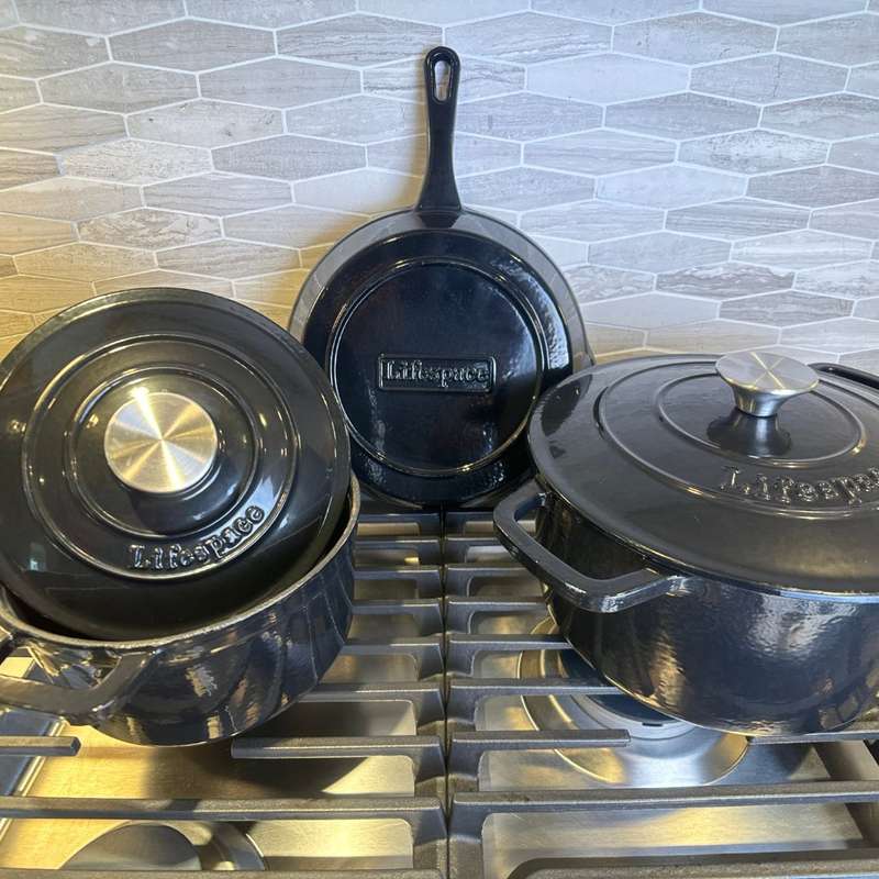 Lifespace 5-pc Black Enamel Cast Iron Pot & Skillet Set