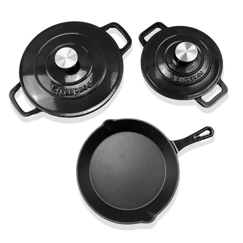 Lifespace 5-pc Black Enamel Cast Iron Pot & Skillet Set