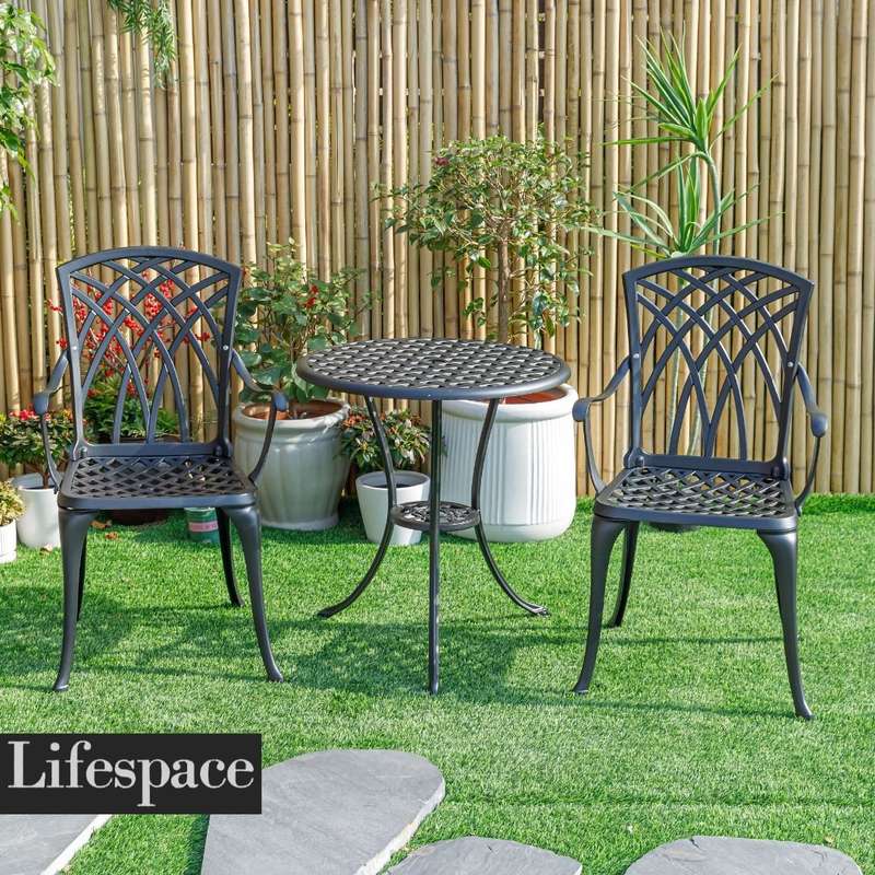 Lifespace Cast Aluminium 3pc Bistro Patio Garden Restaurant Set with Armrest Chairs
