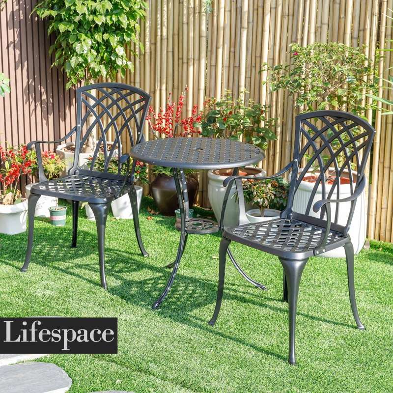 Lifespace Cast Aluminium 3pc Bistro Patio Garden Restaurant Set with Armrest Chairs