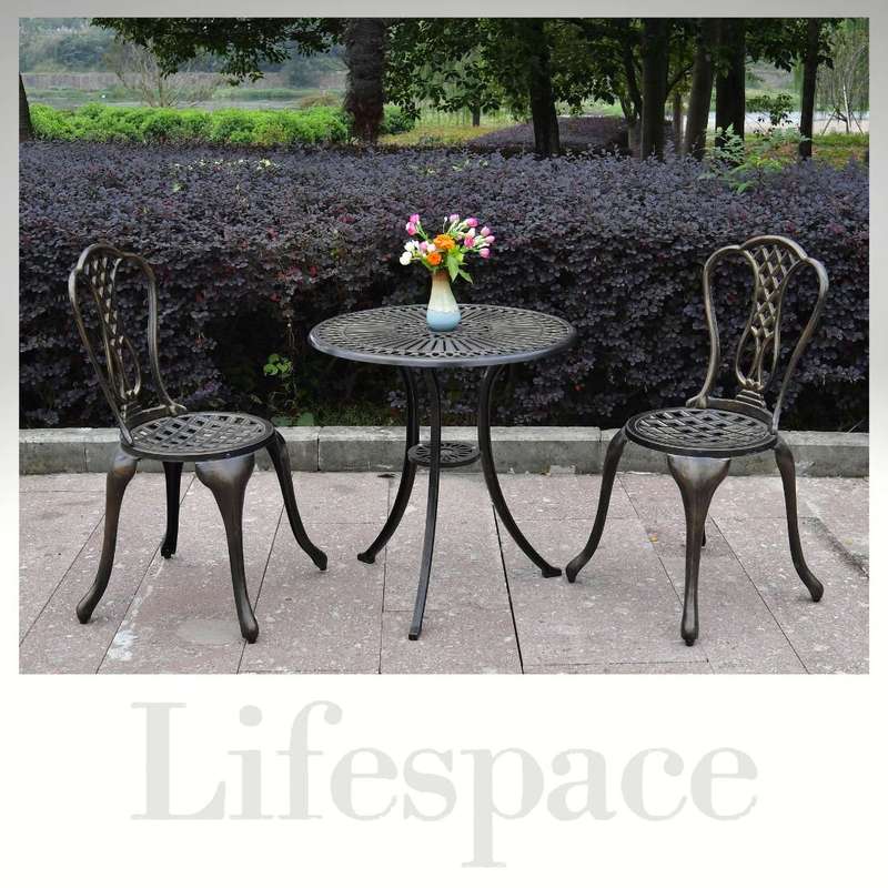Lifespace Cast Aluminium 3pc Bistro Patio Garden Set with Curved Back (Bronze)