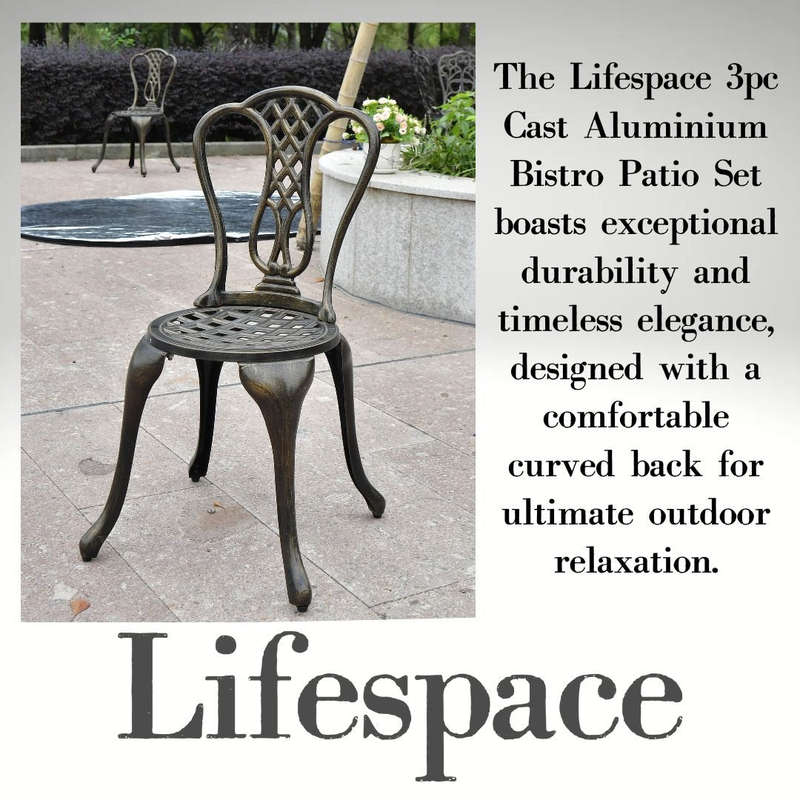 Lifespace Cast Aluminium 3pc Bistro Patio Garden Set with Curved Back (Bronze)
