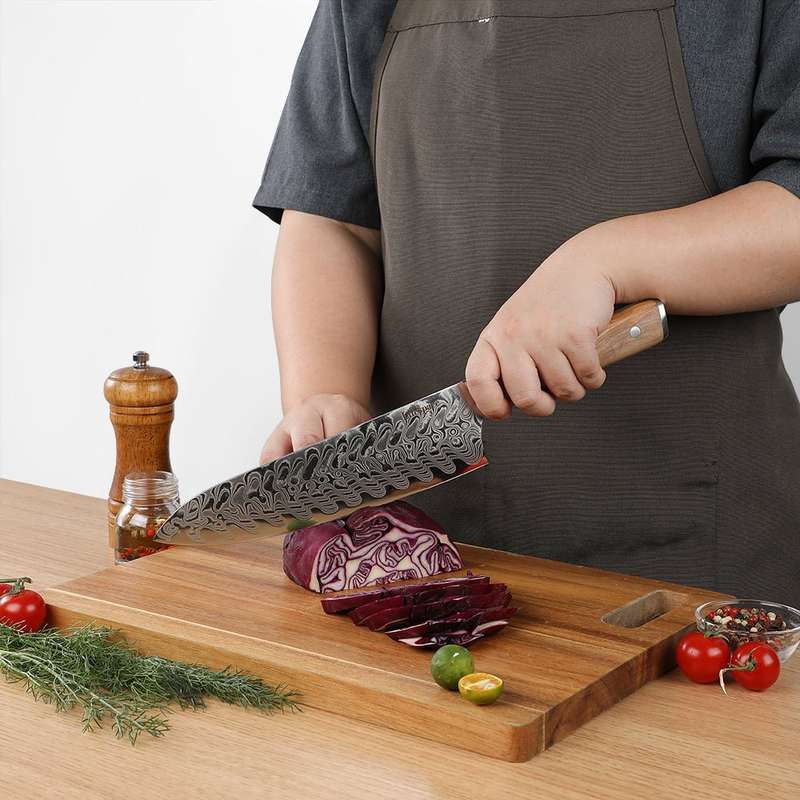 Lifespace Luxury 3pce Olive Wood Handle Full Tang Damascus Blade Chef Knife Set in a Gift Box