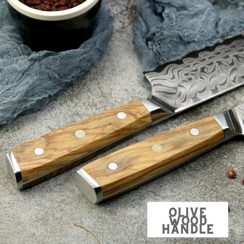 Lifespace Luxury 3pce Olive Wood Handle Full Tang Damascus Blade Chef Knife Set in a Gift Box
