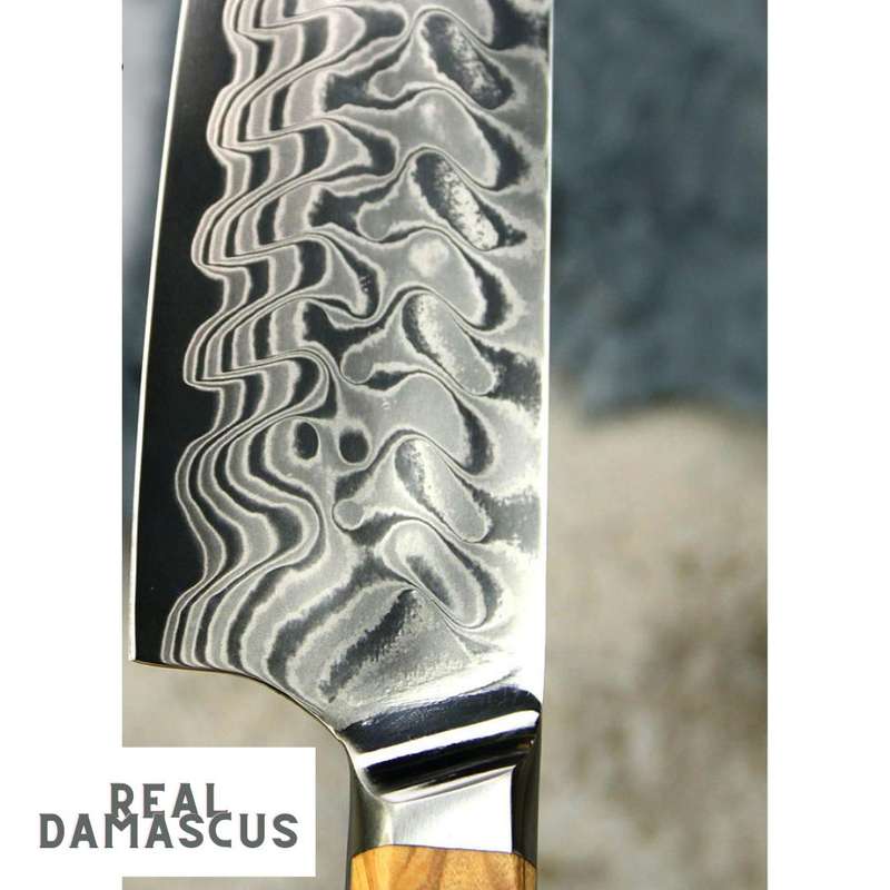 Lifespace Luxury 3pce Olive Wood Handle Full Tang Damascus Blade Chef Knife Set in a Gift Box