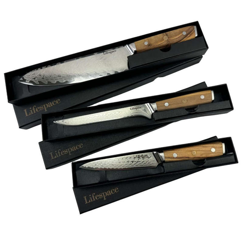 Lifespace Luxury 3pce Olive Wood Handle Full Tang Damascus Blade Chef Knife Set in a Gift Box