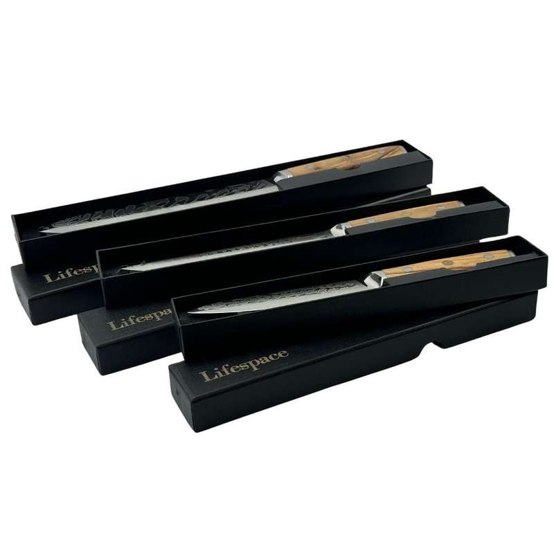 Lifespace Luxury 3pce Olive Wood Handle Full Tang Damascus Blade Chef Knife Set in a Gift Box