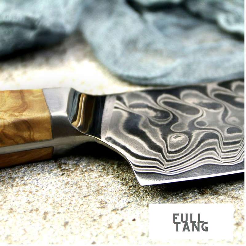 Lifespace Luxury 3pce Olive Wood Handle Full Tang Damascus Blade Chef Knife Set in a Gift Box